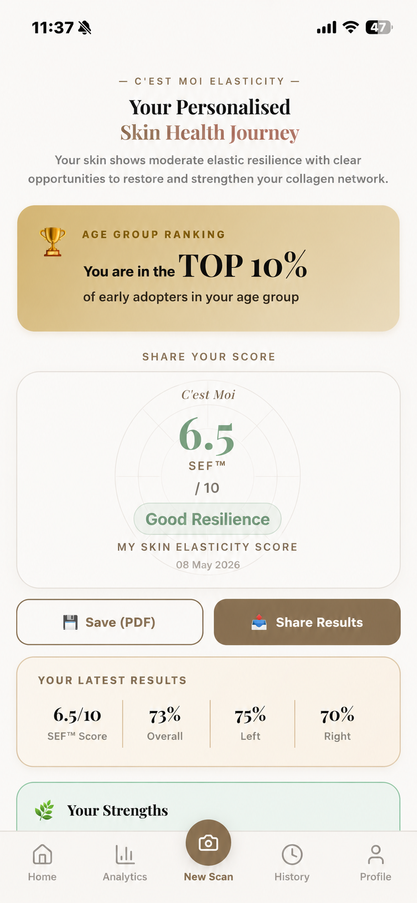 C'est Moi personalised skin health journey results screen